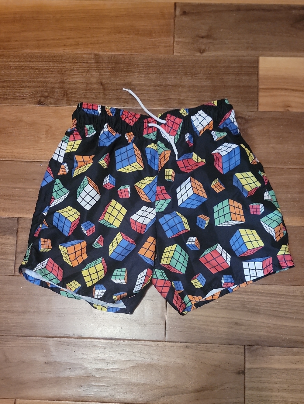 Black Swim Shorts with Colorful Rubik's Cube Print